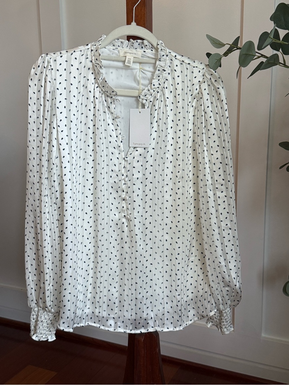Tamara H. Ruffle-Neck Blouse Long Sleeve, White with dots of Navy. New with Tag